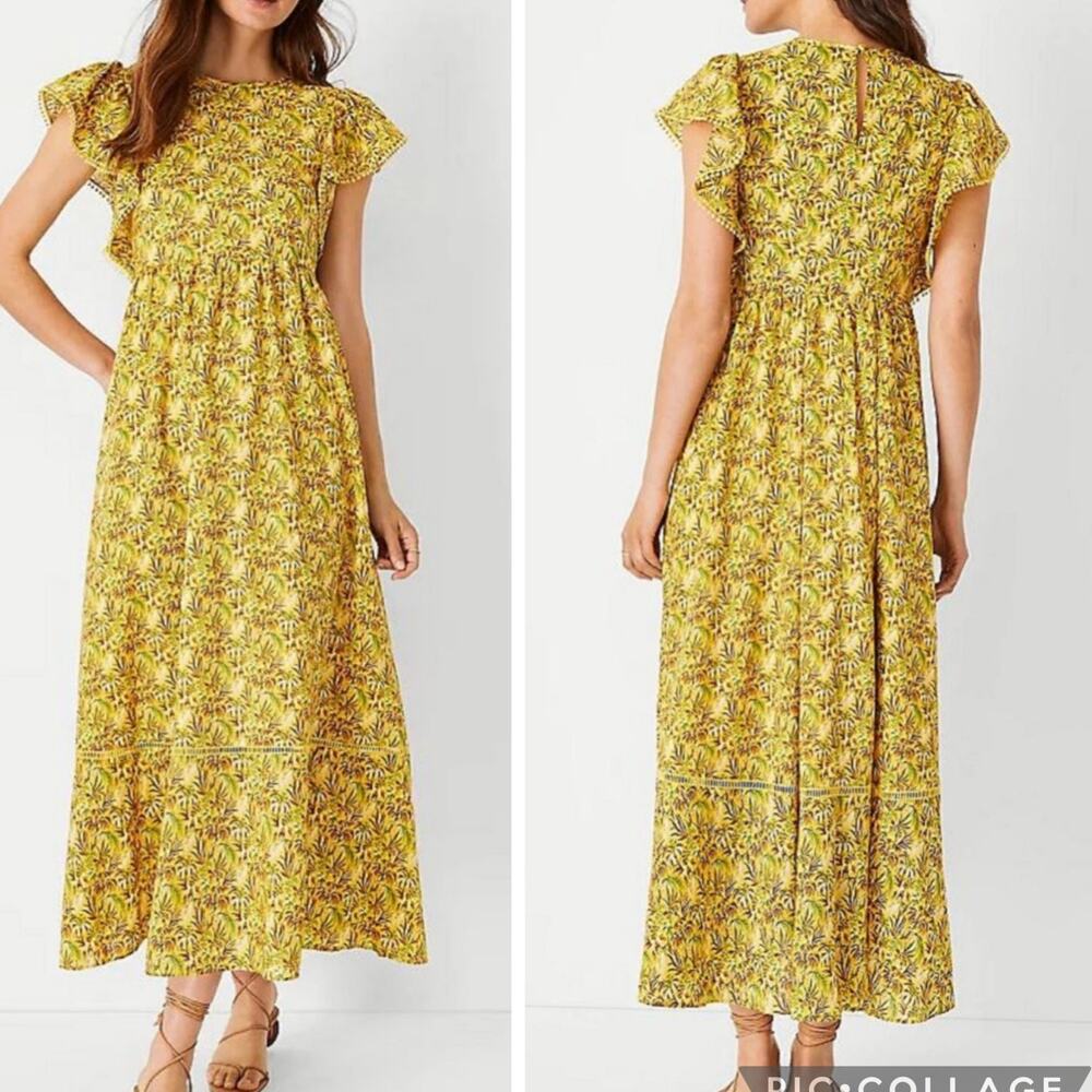 Ann Taylor Yellow Palm Tree Print Maxi Dress Small Flutter Sleeve Tropical